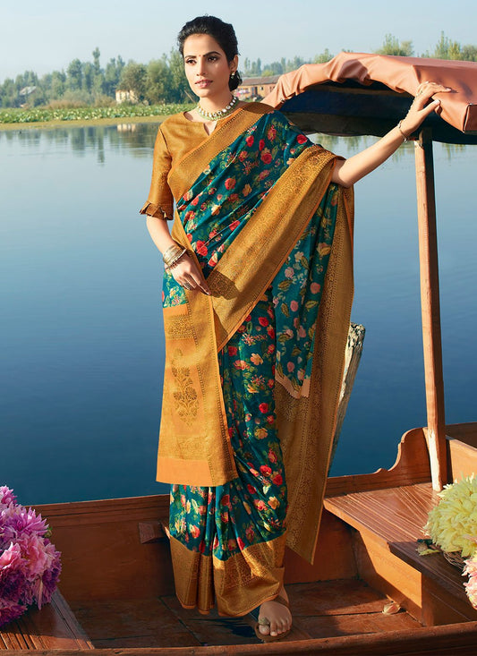 Traditional Saree Silk Teal Digital Print Saree