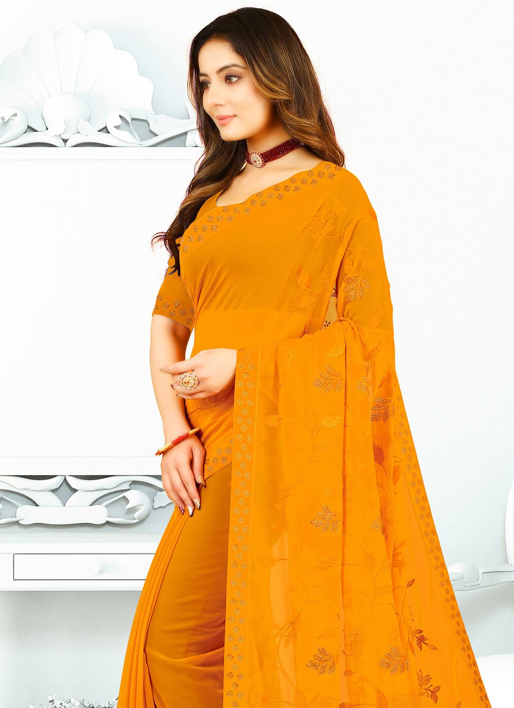 Trendy Saree Georgette Silk Orange Patch Border Saree