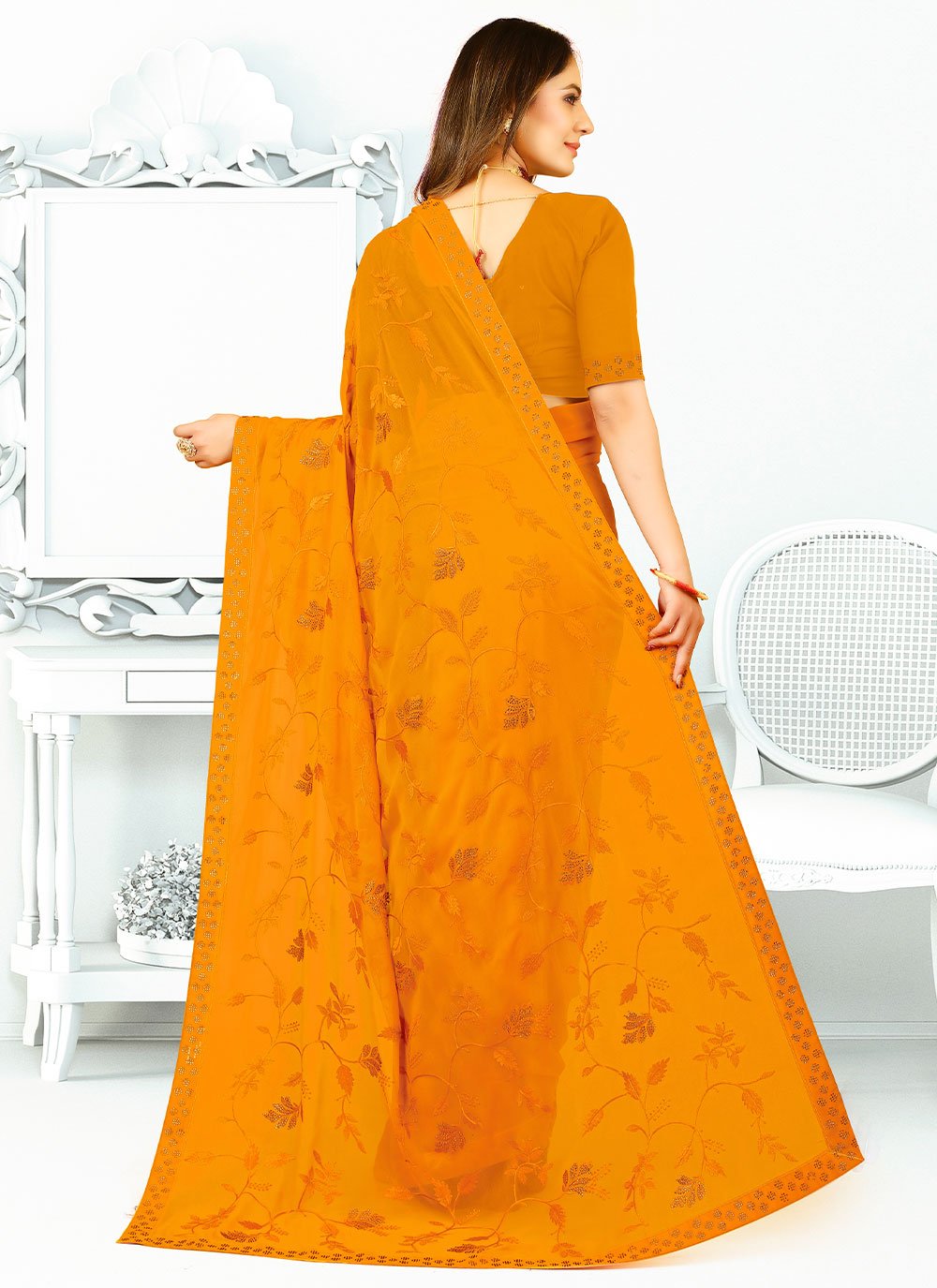 Trendy Saree Georgette Silk Orange Patch Border Saree