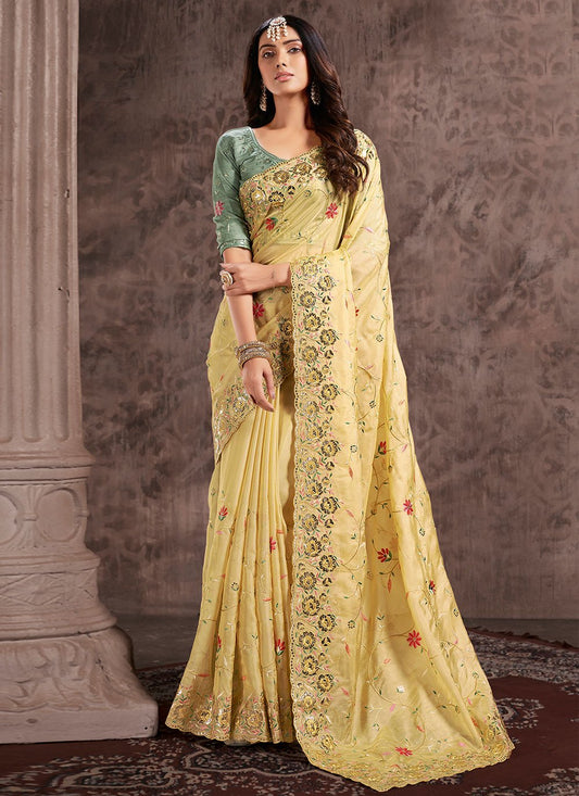 Classic Tissue Yellow Embroidered Saree