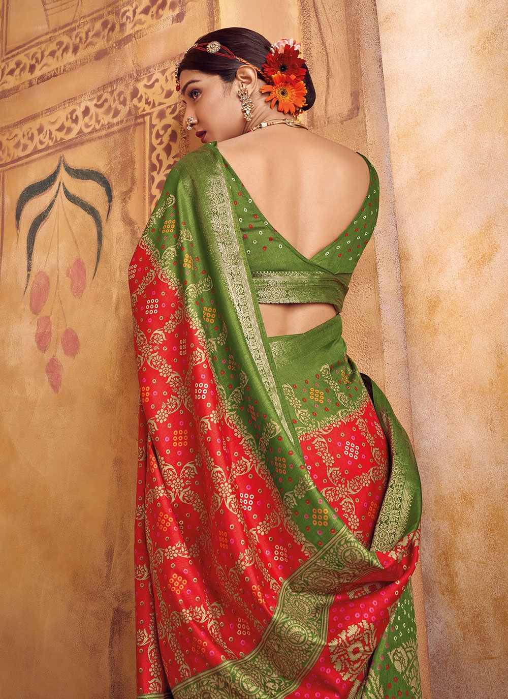 Traditional Saree Silk Green Red Foil Print Saree