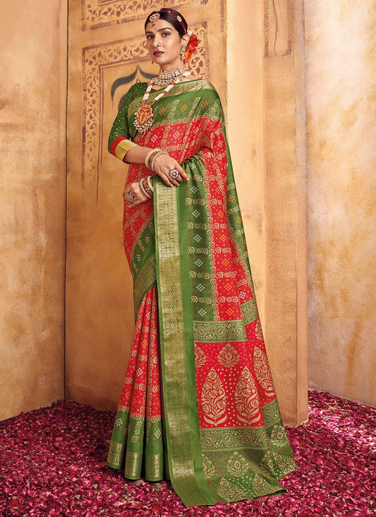 Traditional Saree Silk Green Red Foil Print Saree