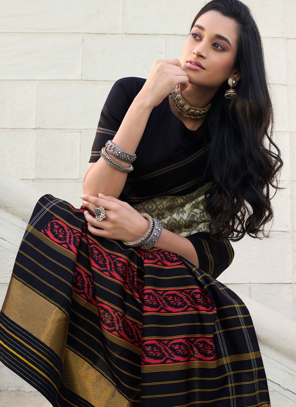 Trendy Saree Silk Black Cream Digital Print Saree