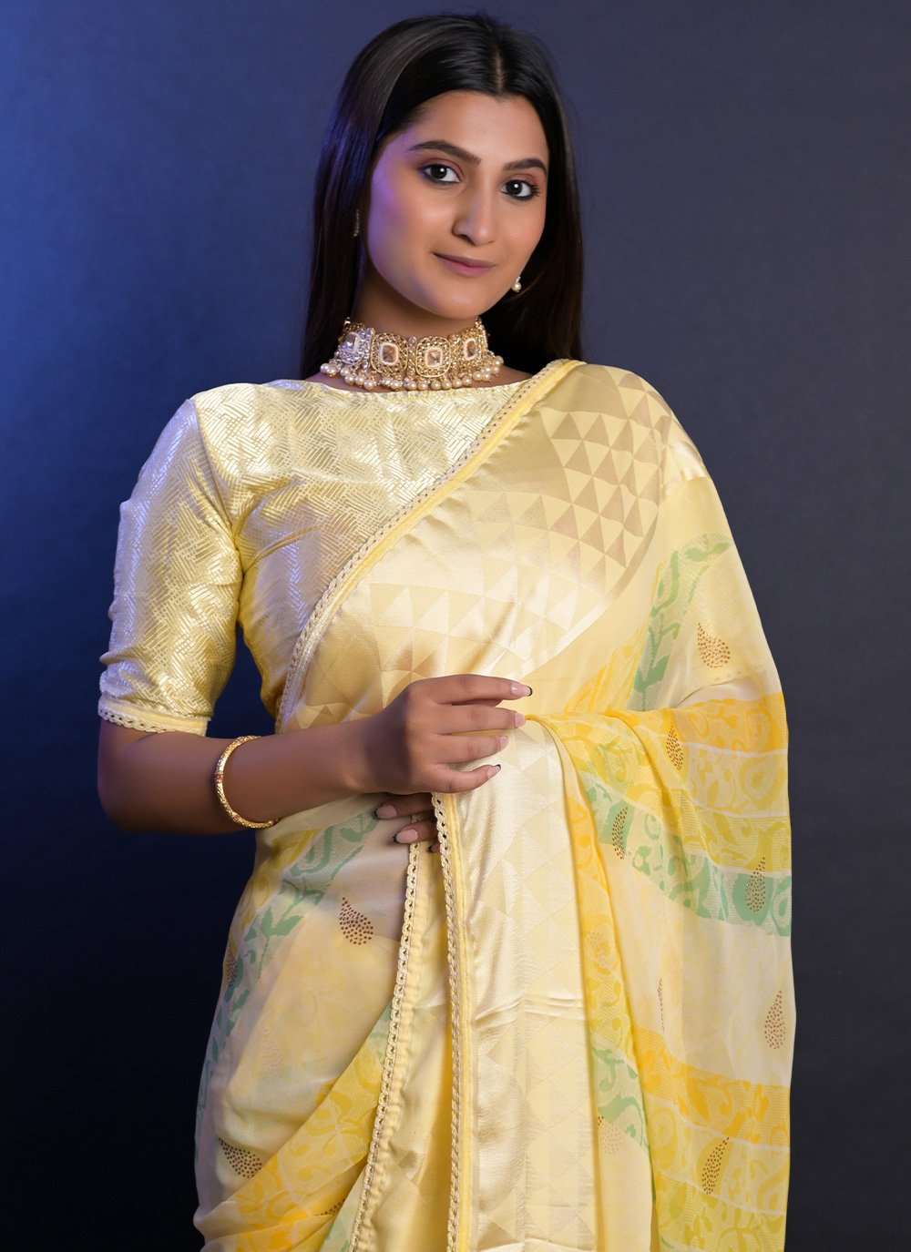 Trendy Saree Georgette Yellow Jacquard Work Saree