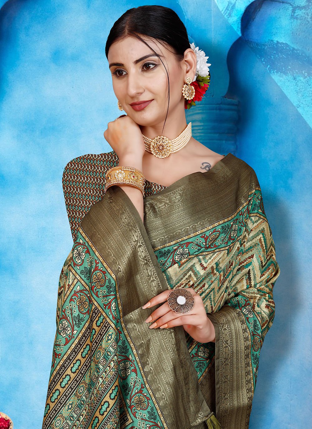 Trendy Saree Tussar Silk Sea Green Patch Border Saree