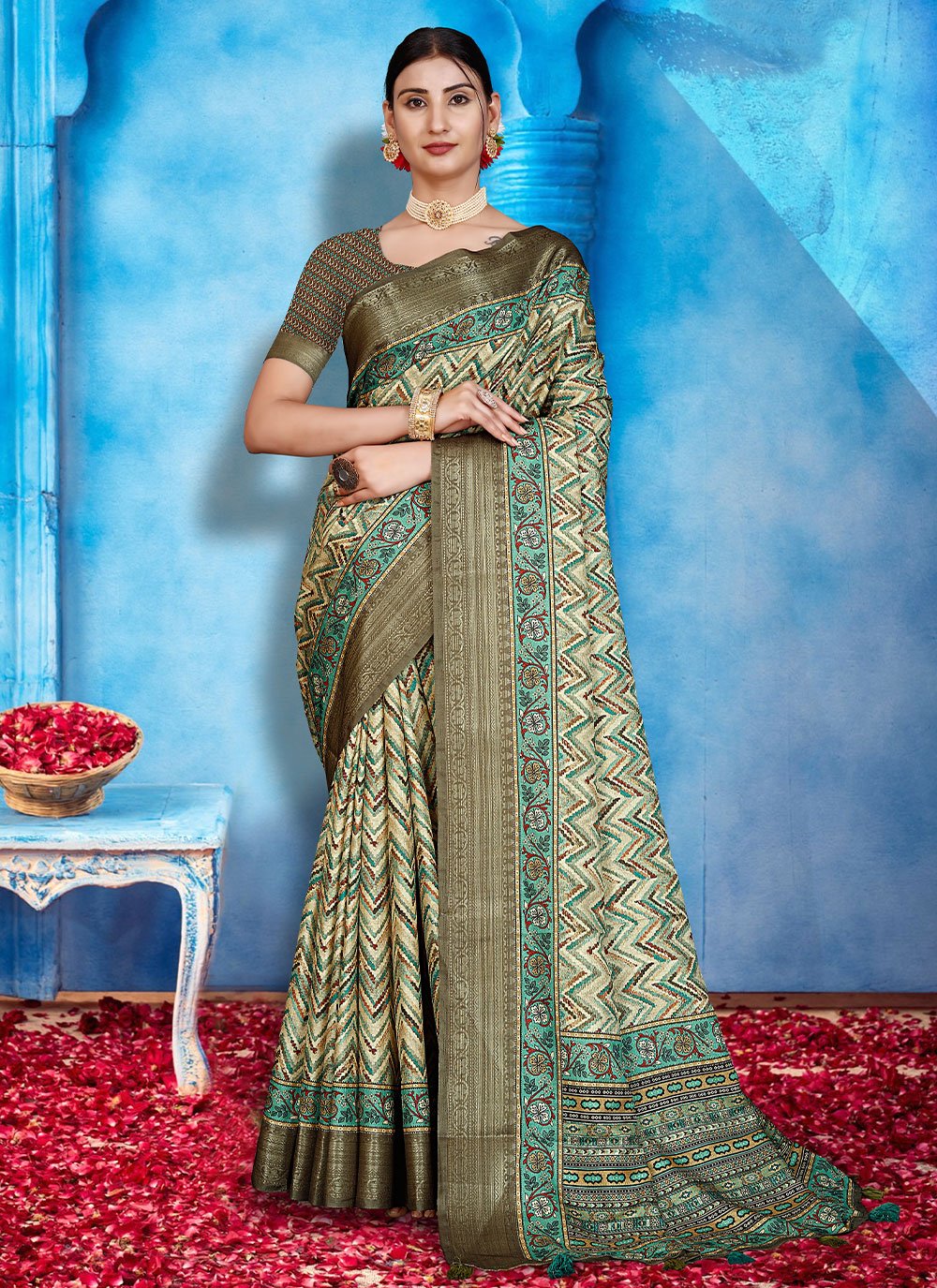 Trendy Saree Tussar Silk Sea Green Patch Border Saree