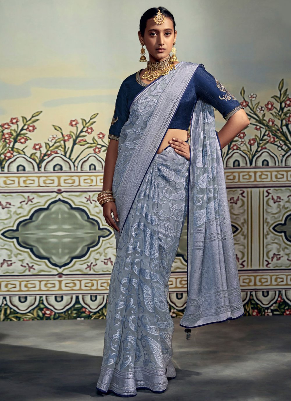 Classic Brasso Blue Fancy Work Saree