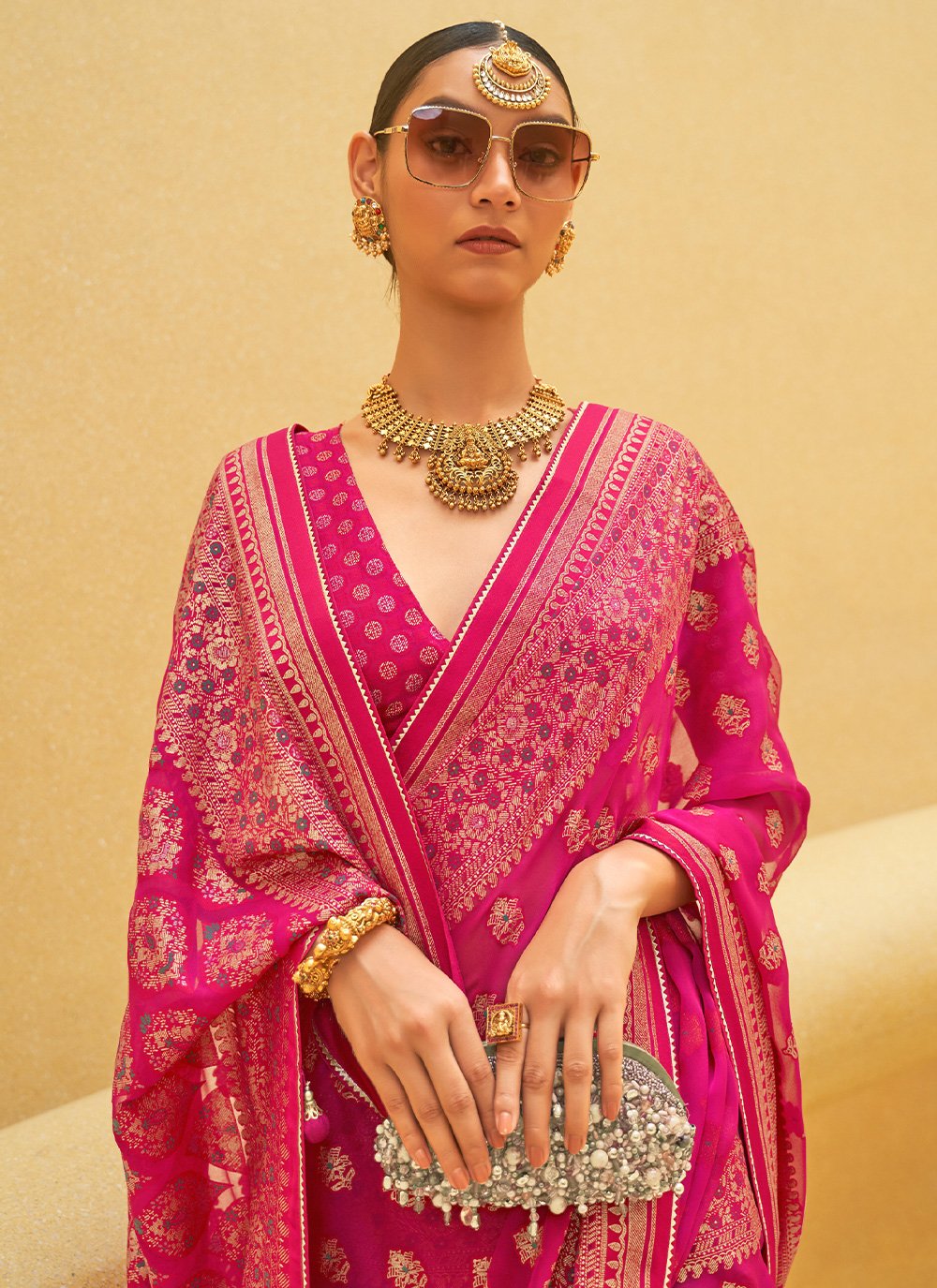 Contemporary Brasso Organza Pink Weaving Saree