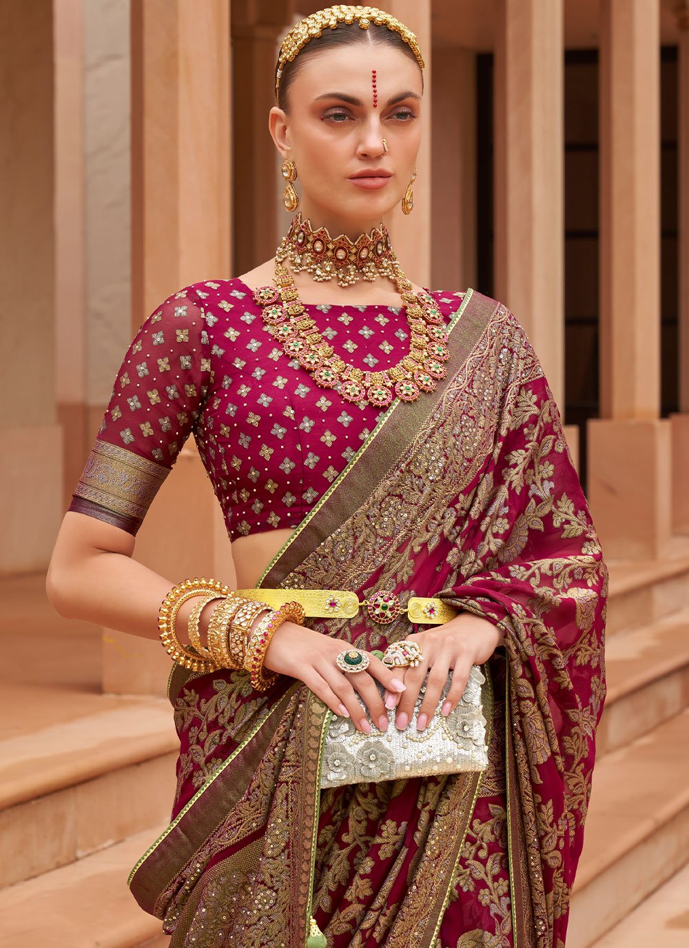 Contemporary Brasso Maroon Diamond Saree