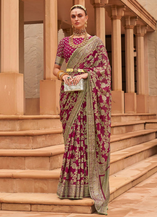 Contemporary Brasso Maroon Diamond Saree