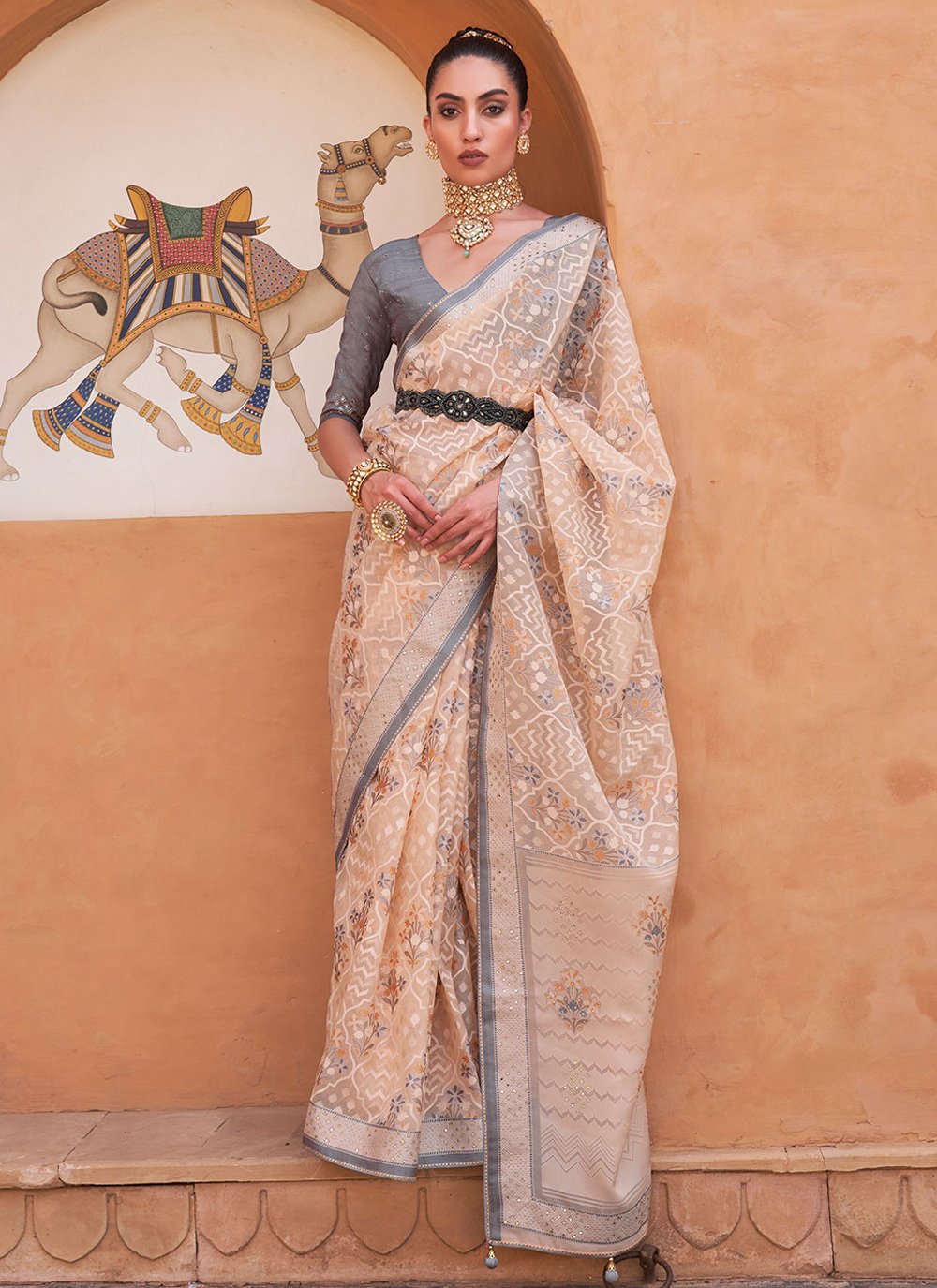 Designer Brasso Cream Grey Fancy Work Saree