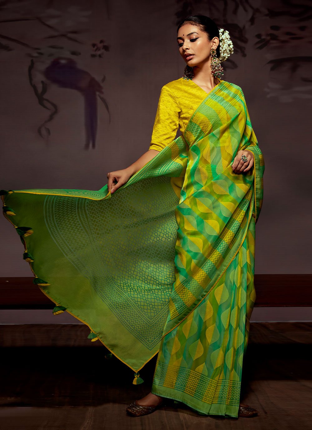 Trendy Saree Brasso Green Print Saree