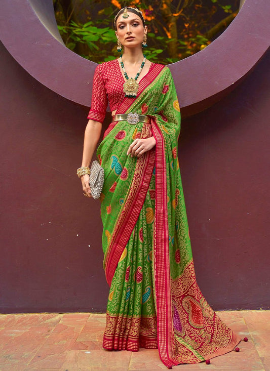 Traditional Saree Brasso Green Paisley Print Saree