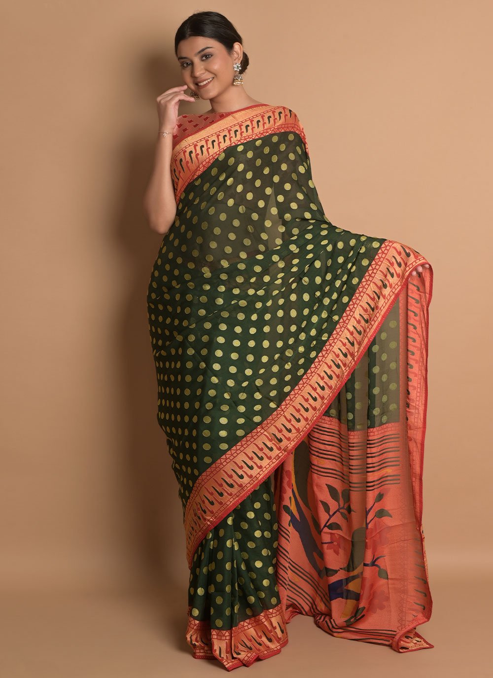 Contemporary Brasso Green Woven Saree