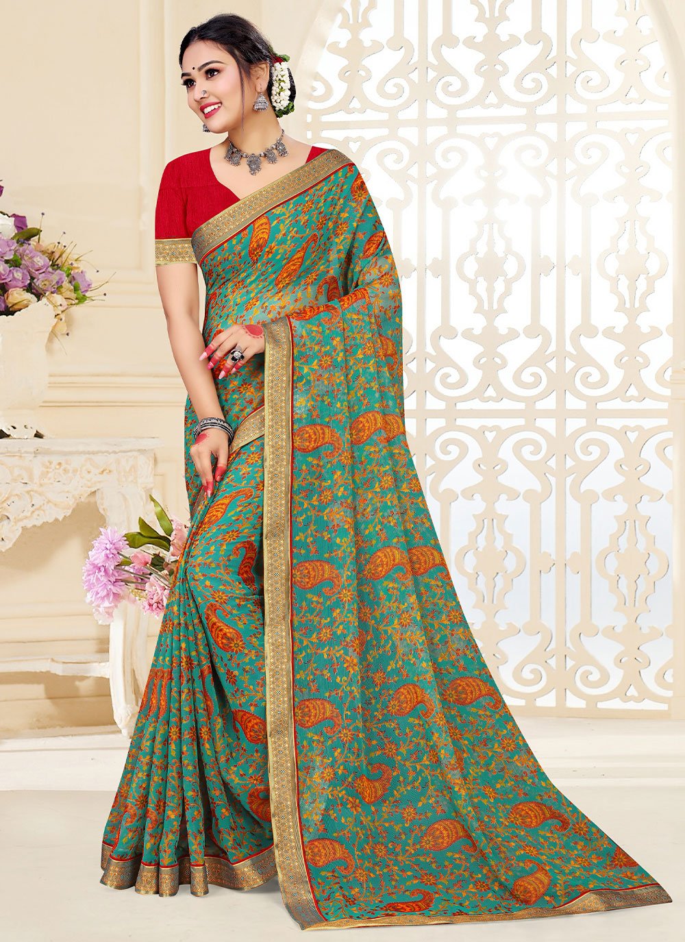 Classic Brasso Fancy Fabric Multi Colour Patch Border Saree