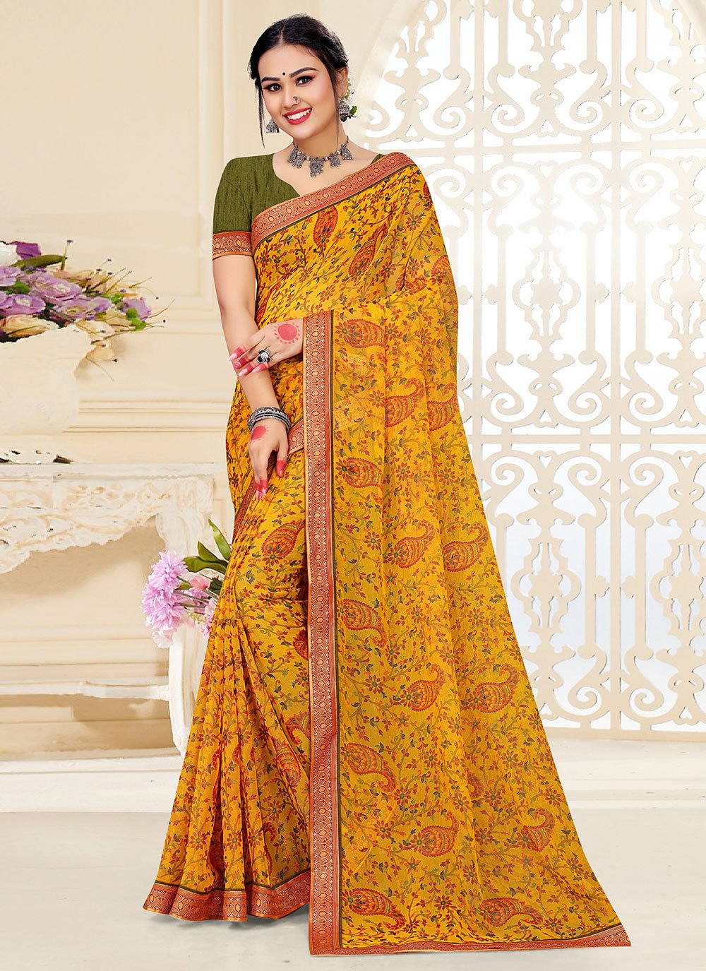 Trendy Saree Brasso Fancy Fabric Mustard Patch Border Saree