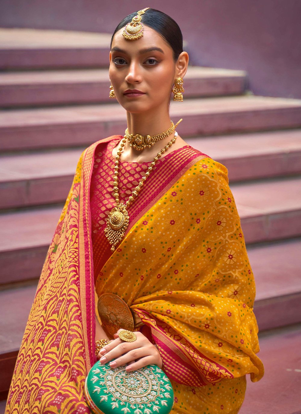 Designer Brasso Mustard Print Saree