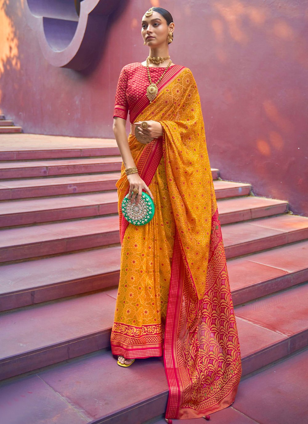 Designer Brasso Mustard Print Saree