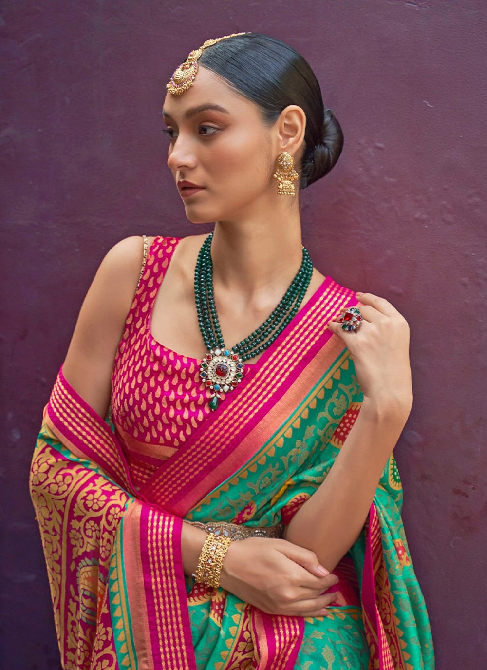 Classic Brasso Green Paisley Print Saree