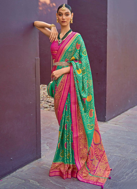 Classic Brasso Green Paisley Print Saree