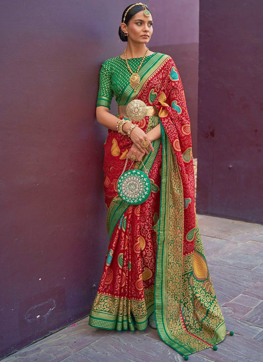 Traditional Saree Brasso Red Paisley Print Saree