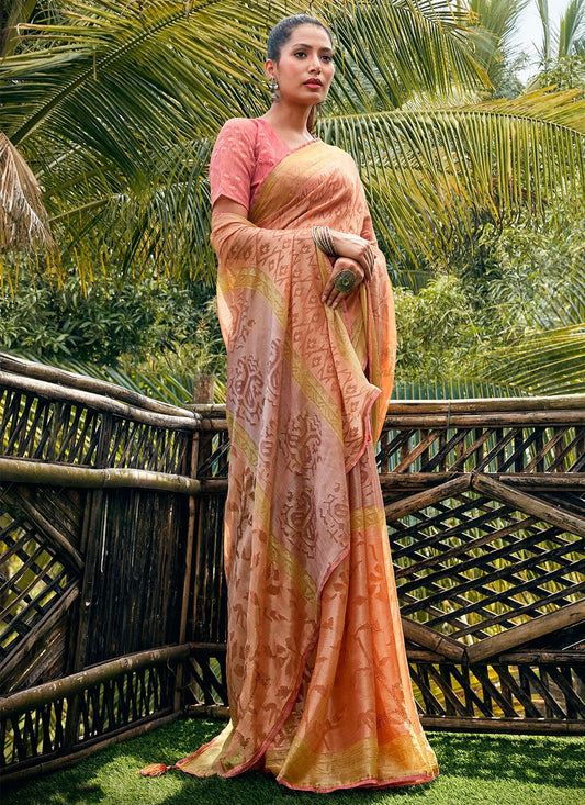 Classic Brasso Peach Fancy Work Saree