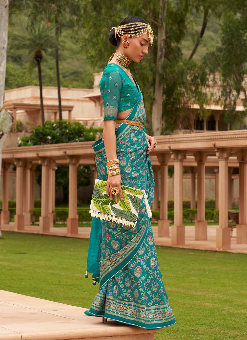 Classic Brasso Turquoise Diamond Saree