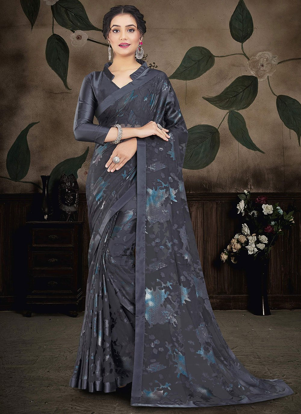 Classic Brasso Organza Grey Print Saree