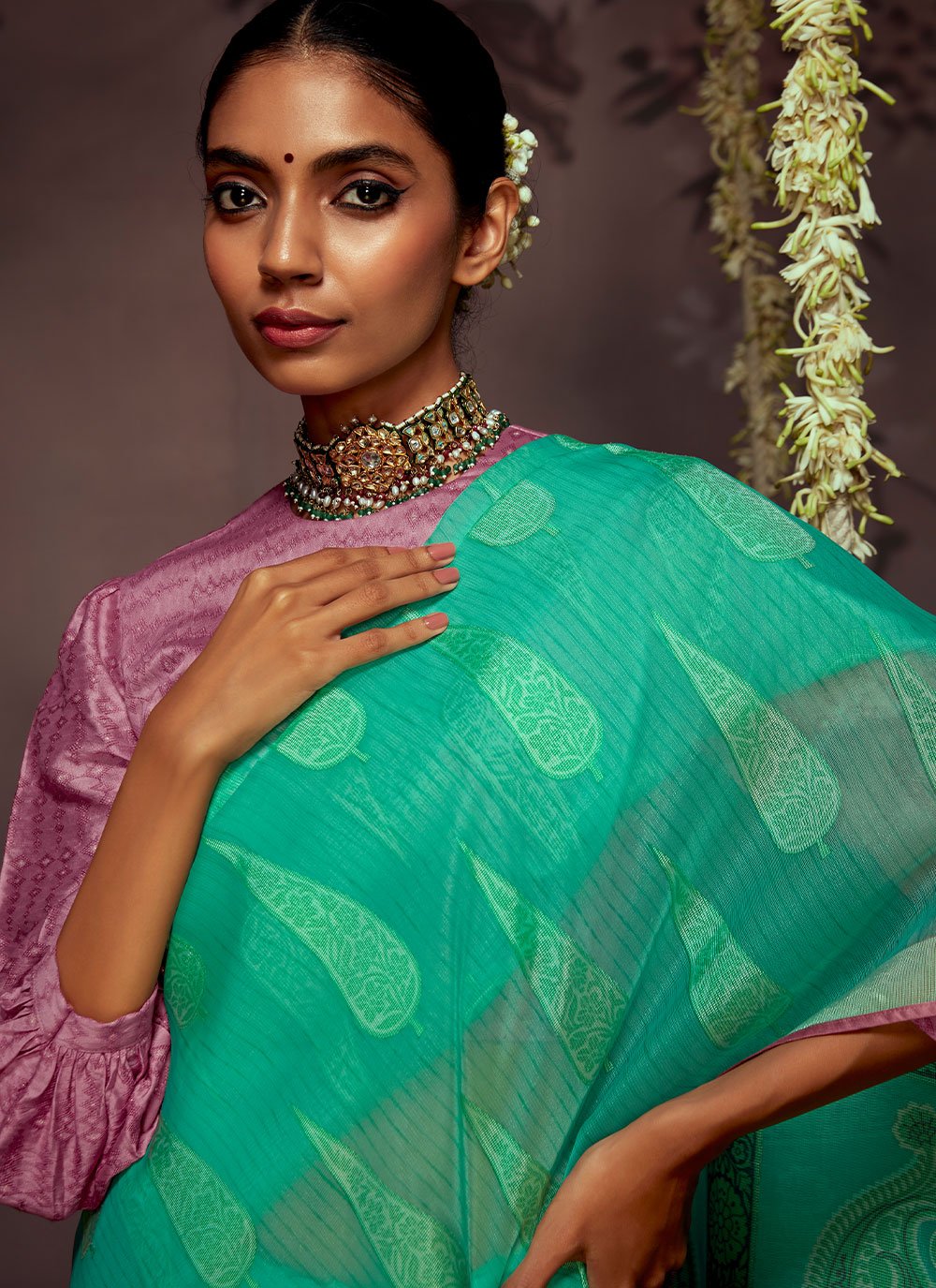 Classic Brasso Sea Green Print Saree