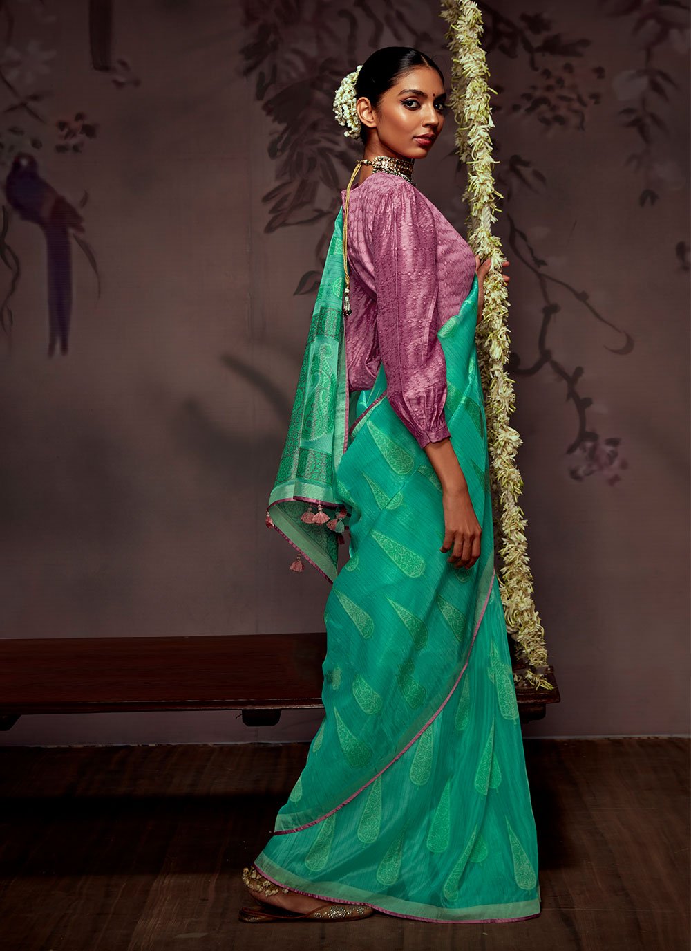 Classic Brasso Sea Green Print Saree