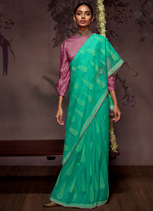 Classic Brasso Sea Green Print Saree