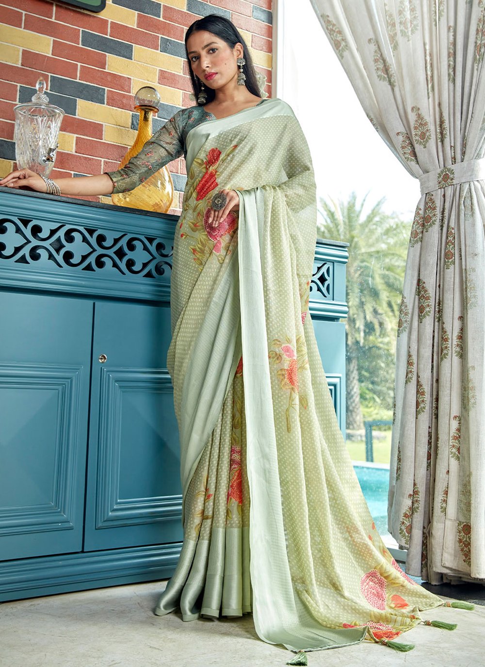 Trendy Saree Brasso Sea Green Fancy Work Saree