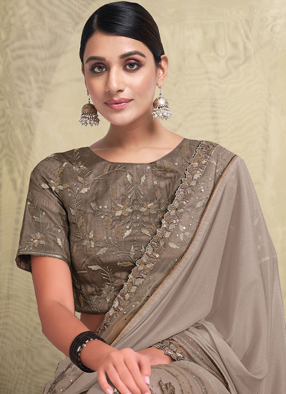 Trendy Saree Brasso Crepe Silk Grey Embroidered Saree