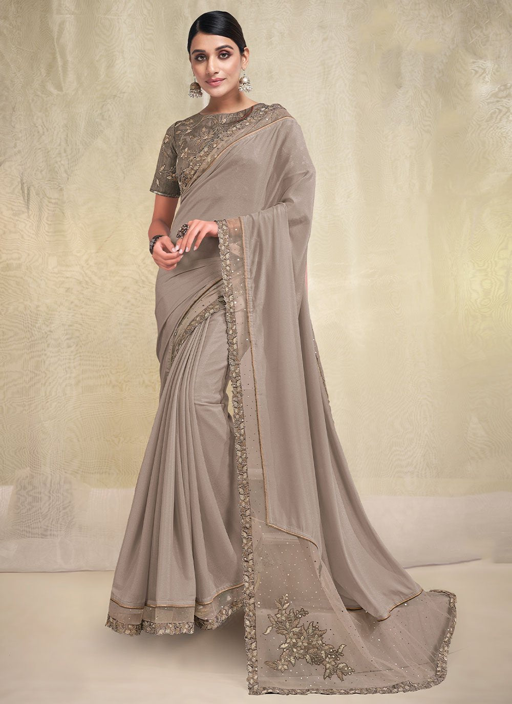 Trendy Saree Brasso Crepe Silk Grey Embroidered Saree