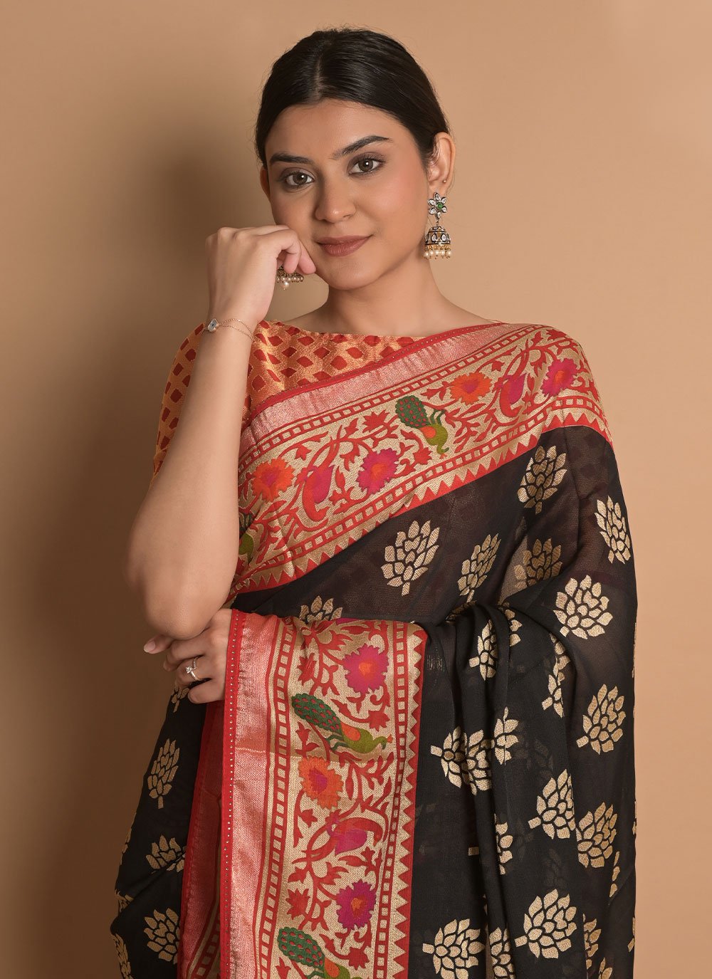 Contemporary Brasso Black Woven Saree