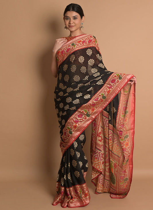 Contemporary Brasso Black Woven Saree