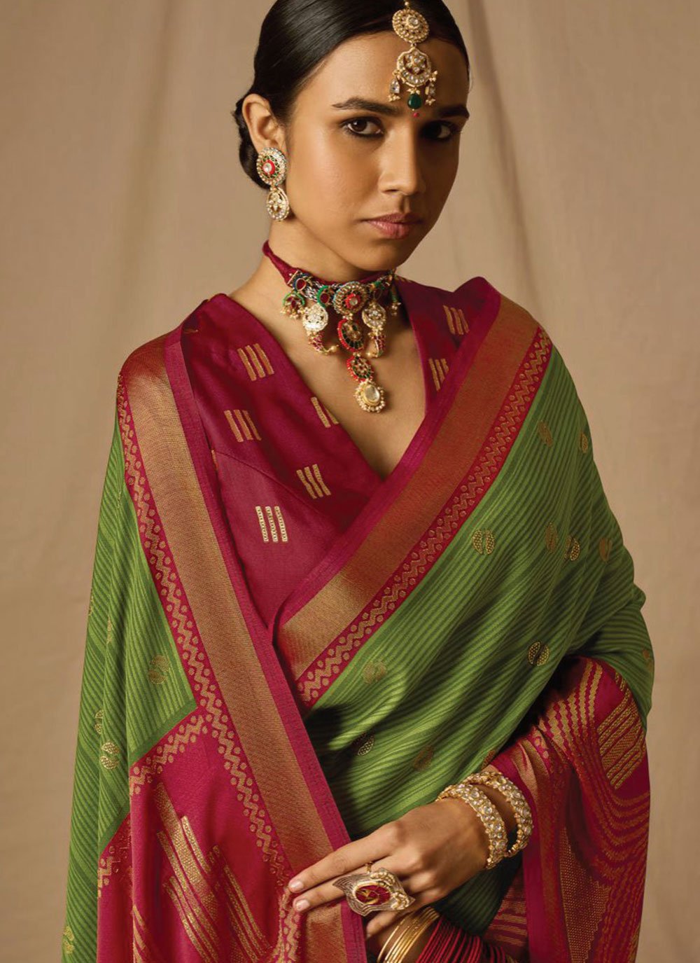 Contemporary Brasso Green Maroon Woven Saree