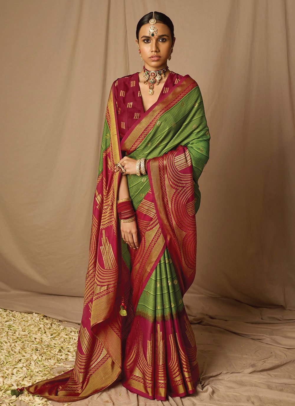 Contemporary Brasso Green Maroon Woven Saree