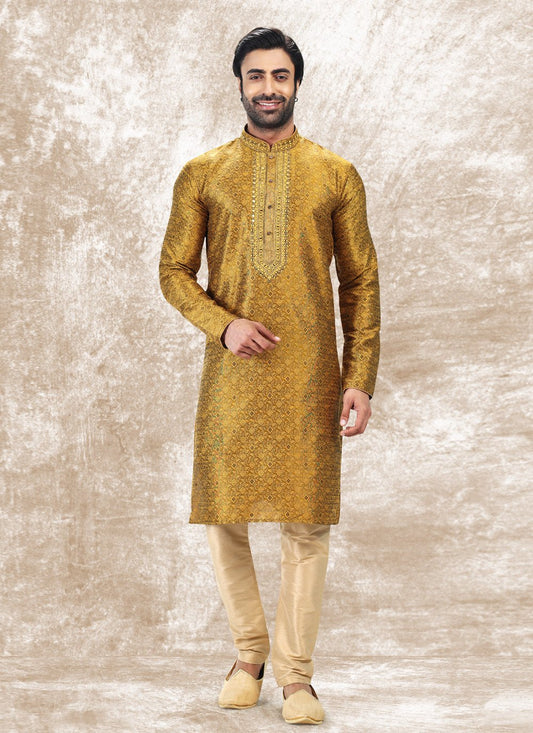 Kurta Pyjama Brocade Jacquard Silk Gold Fancy Work Mens