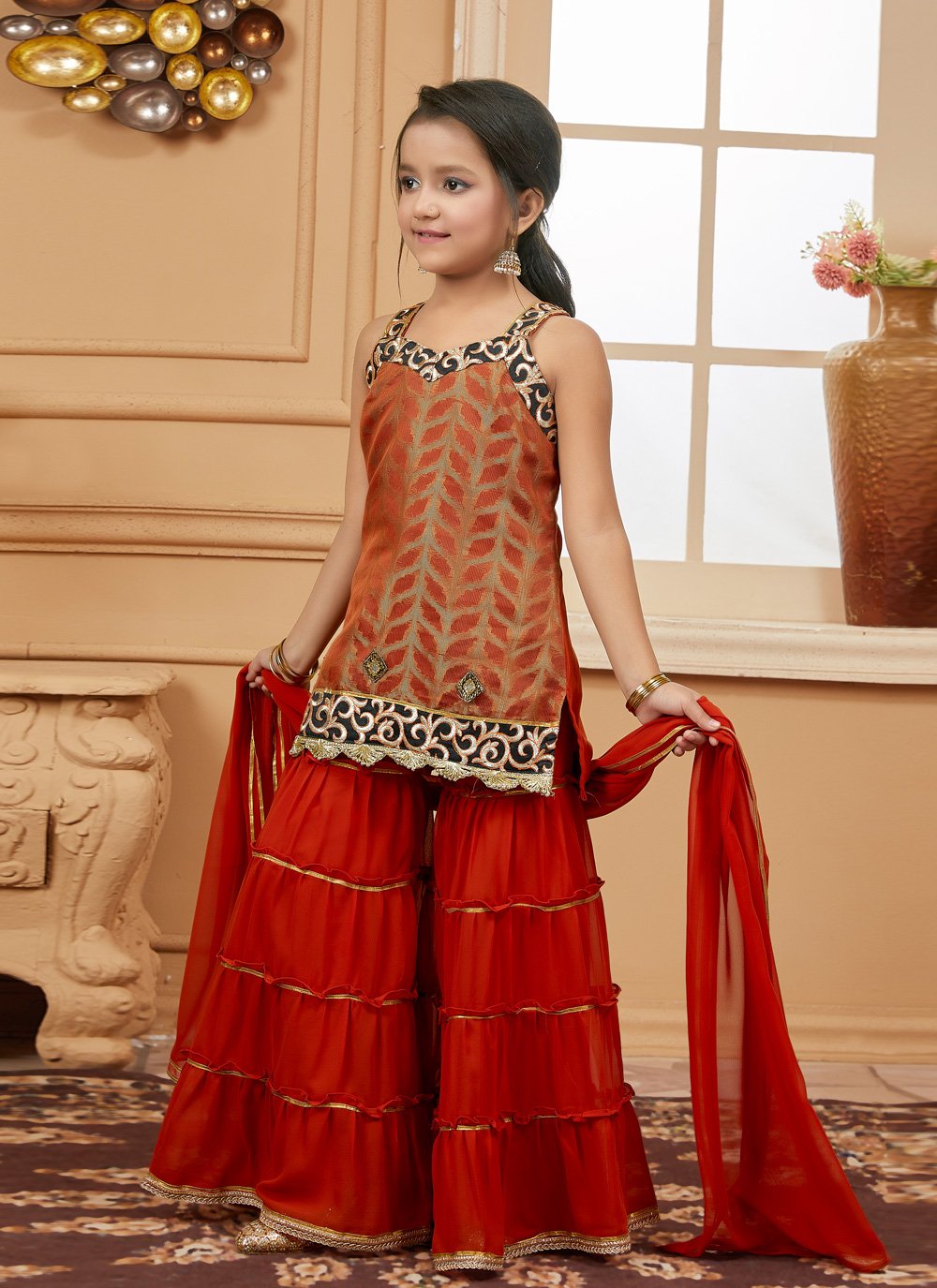 Sharara Set Brocade Rust Jacquard Work Kids