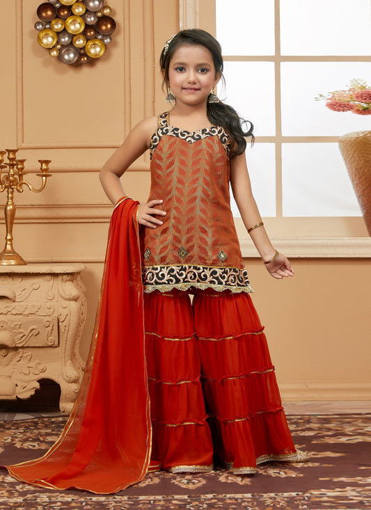 Sharara Set Brocade Rust Jacquard Work Kids