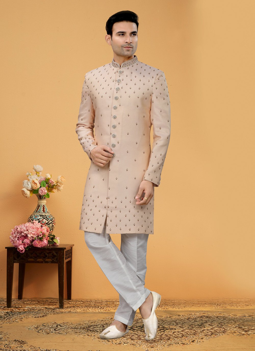 Indo Western Sherwani Brocade Pink Hand Work Mens