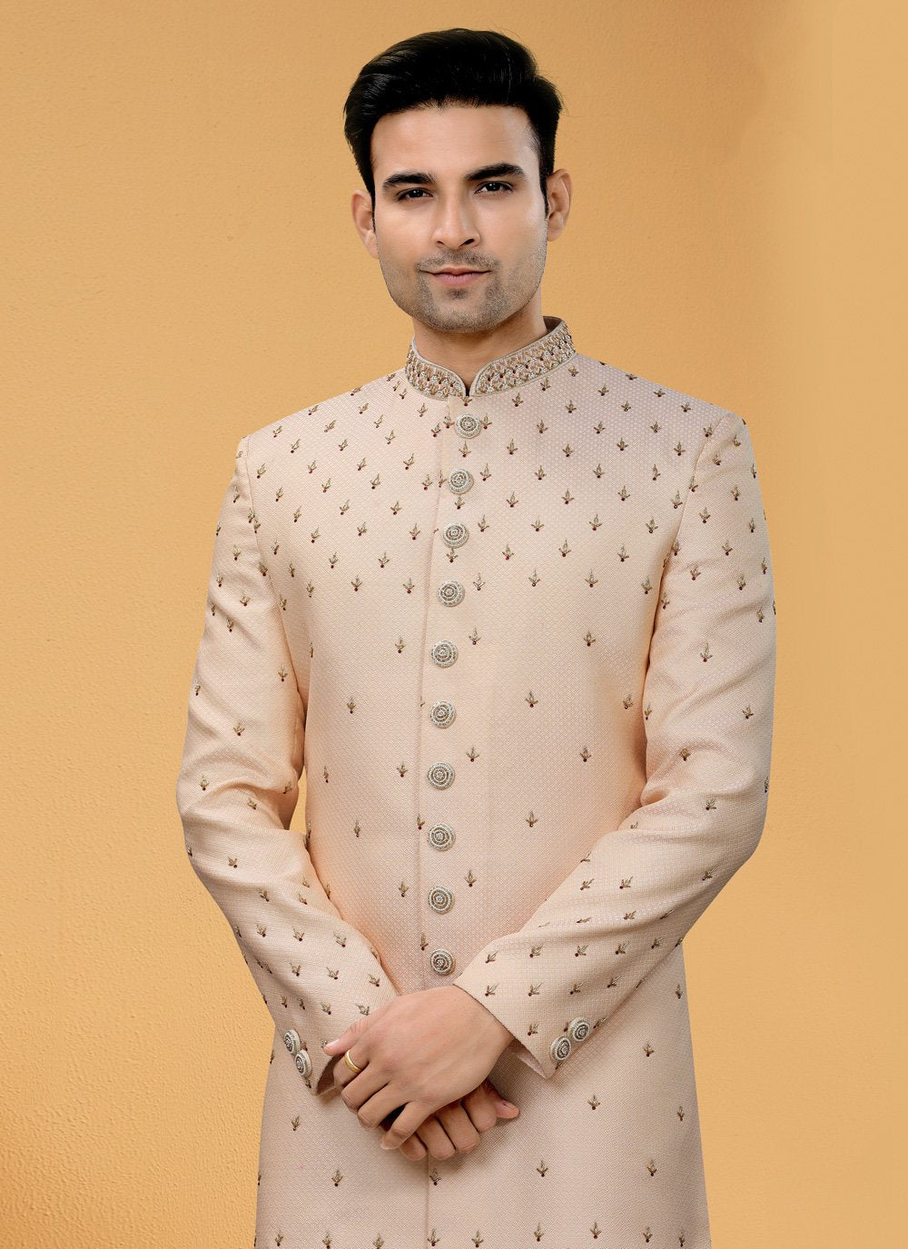 Indo Western Sherwani Brocade Pink Hand Work Mens