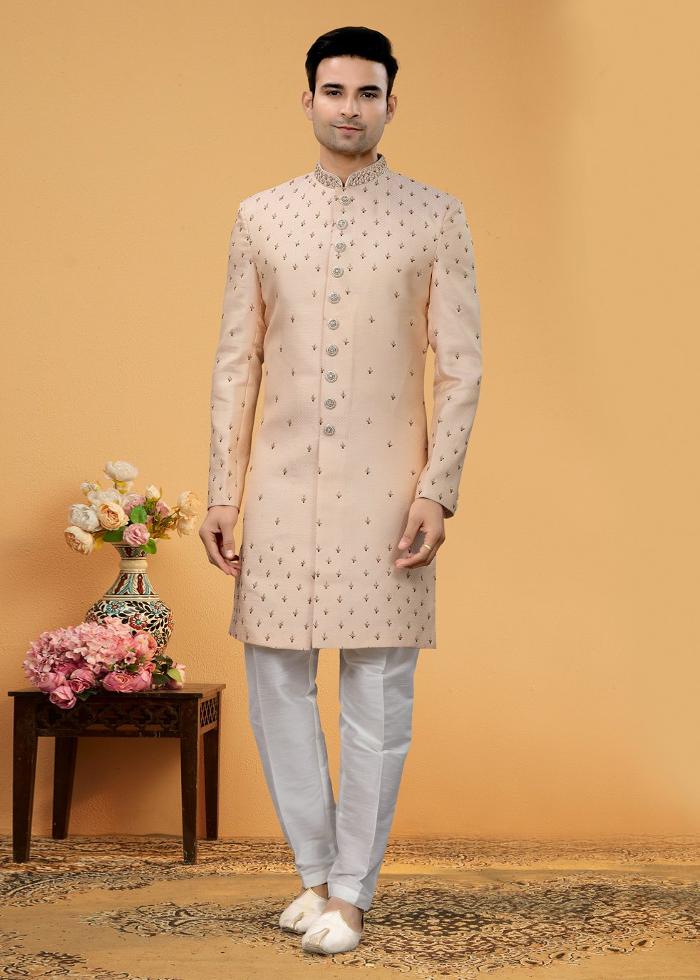 Indo Western Sherwani Brocade Pink Hand Work Mens