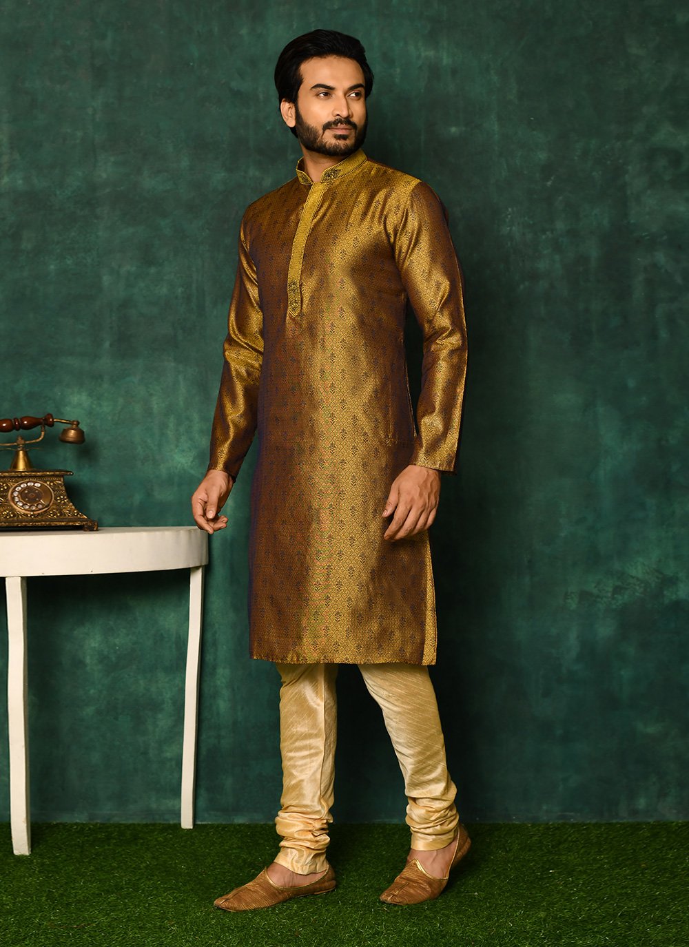 Kurta Pyjama Art Silk Brown Gold Woven Mens