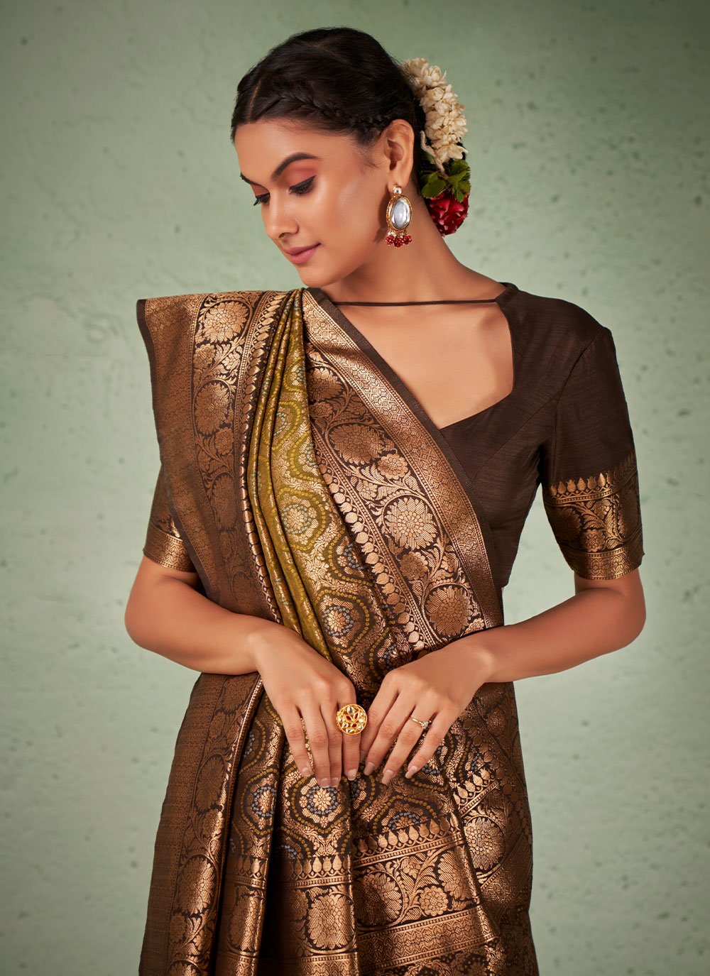 Classic Raw Silk Brown Green Weaving Saree