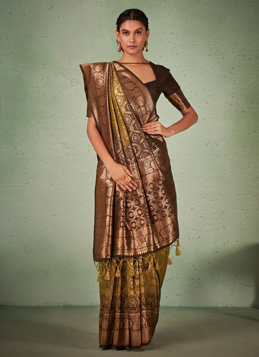 Classic Raw Silk Brown Green Weaving Saree
