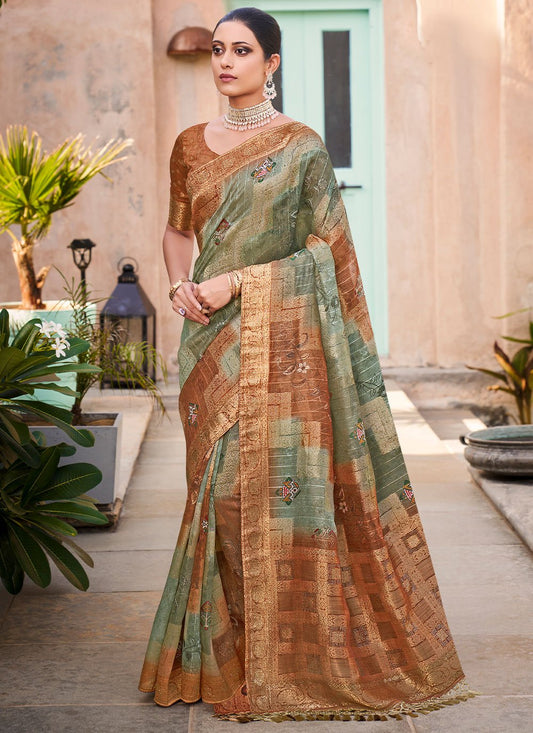 Trendy Saree Jacquard Silk Brown Green Print Saree