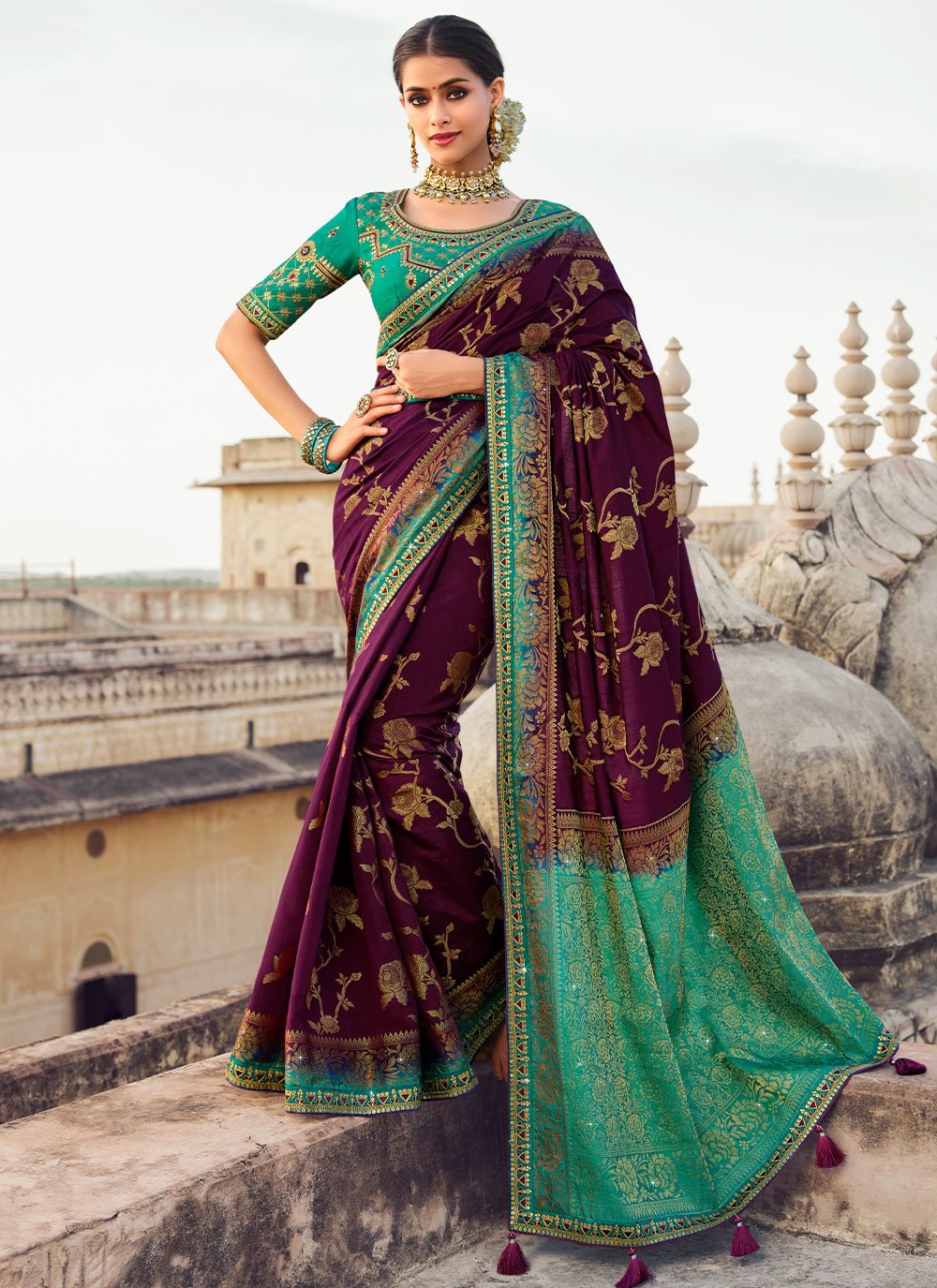 Contemporary Fancy Fabric Brown Green Embroidered Saree