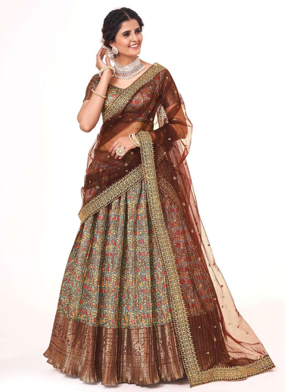 Lehenga Choli Silk Brown Grey Digital Print Lehenga Choli